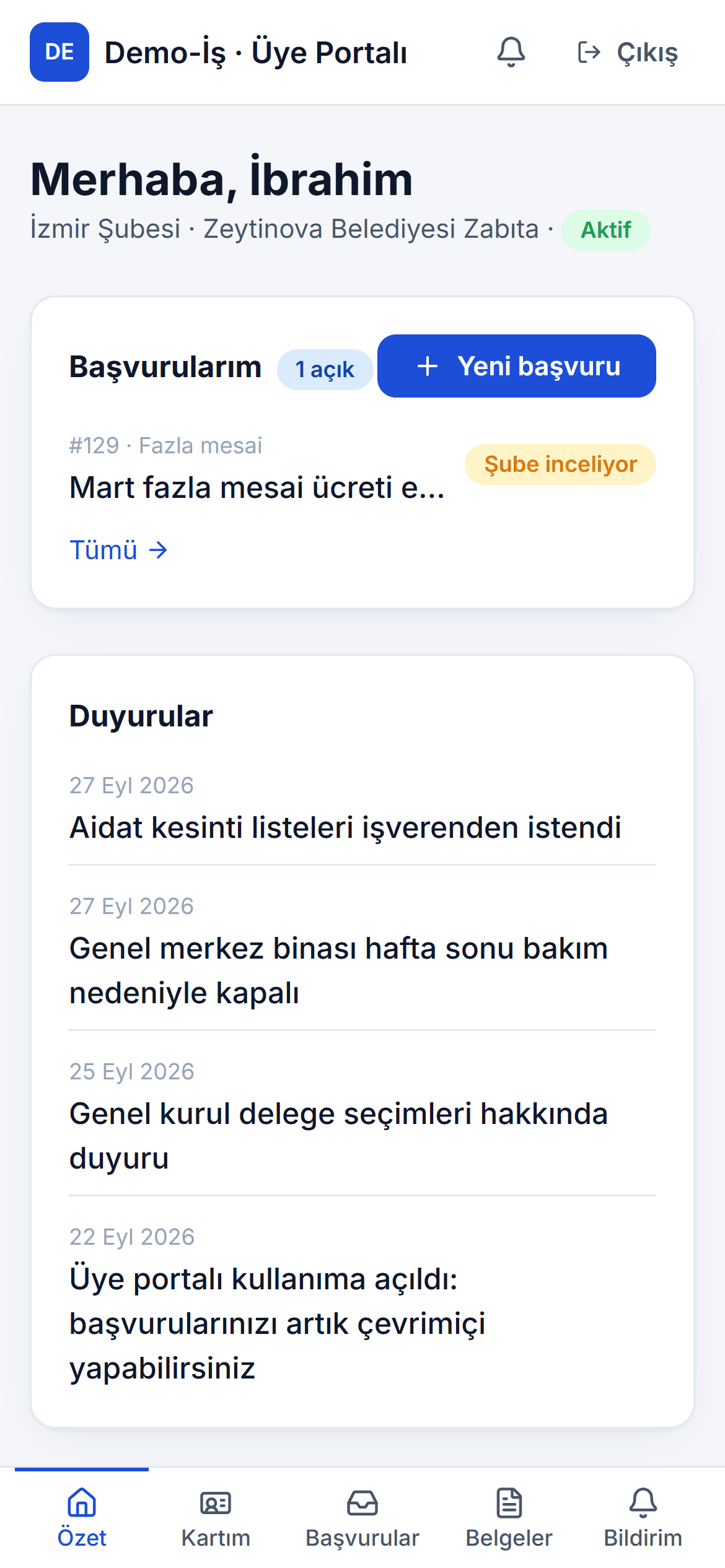 Üye portalı özet ekranı